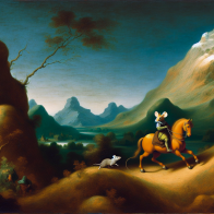 Мышь верхом на лошади на склоне горы, картина Рембрандта